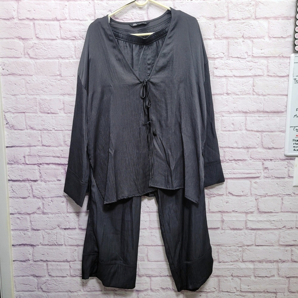 Zara Satin Crinkle Tie Front Blouse‎ + Pants 2pc M/L Charcoal Gray Sophisticated